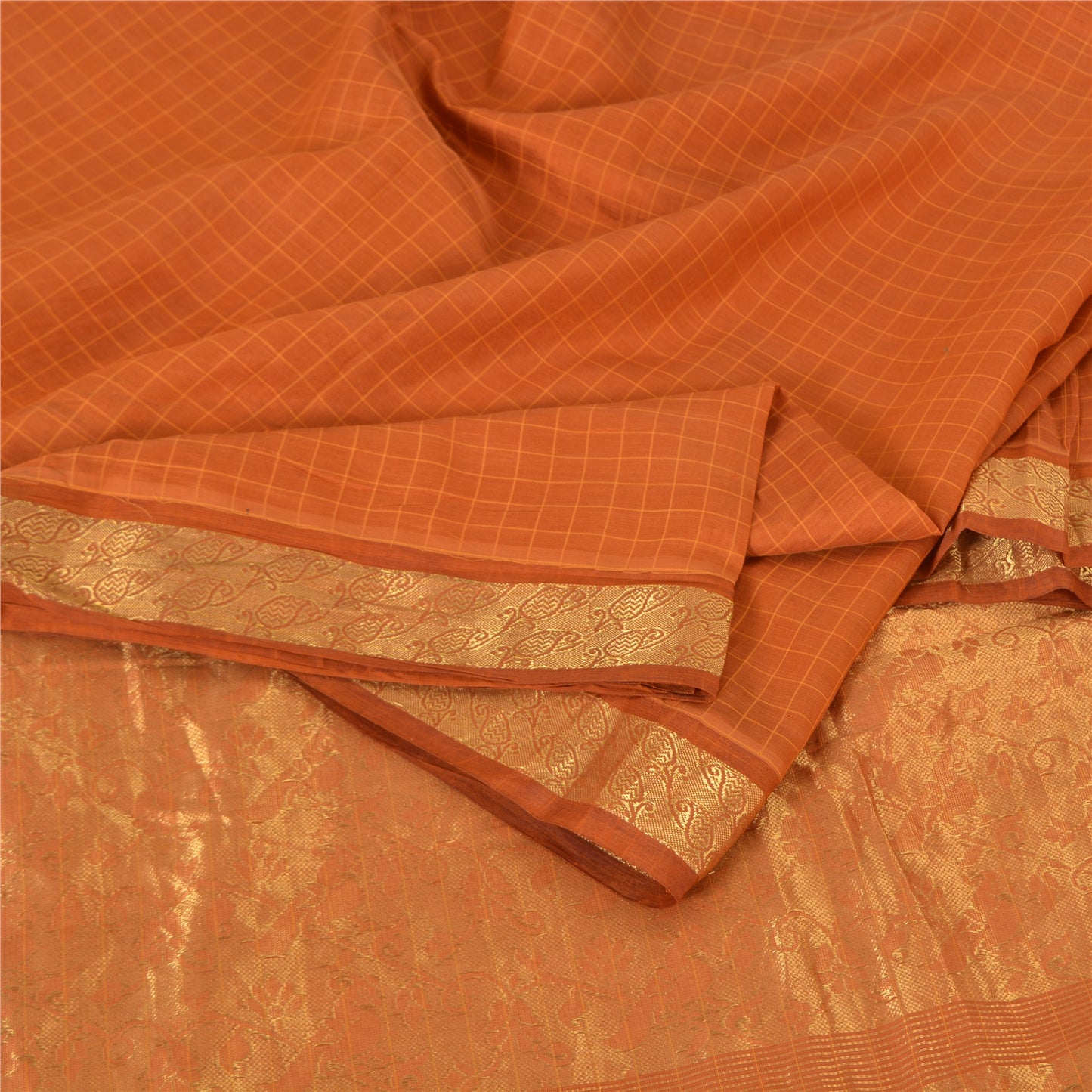 Sanskriti Vintage Sarees Rusty Orange Pure Silk Golden Woven Sari Craft Sustainable Fabric