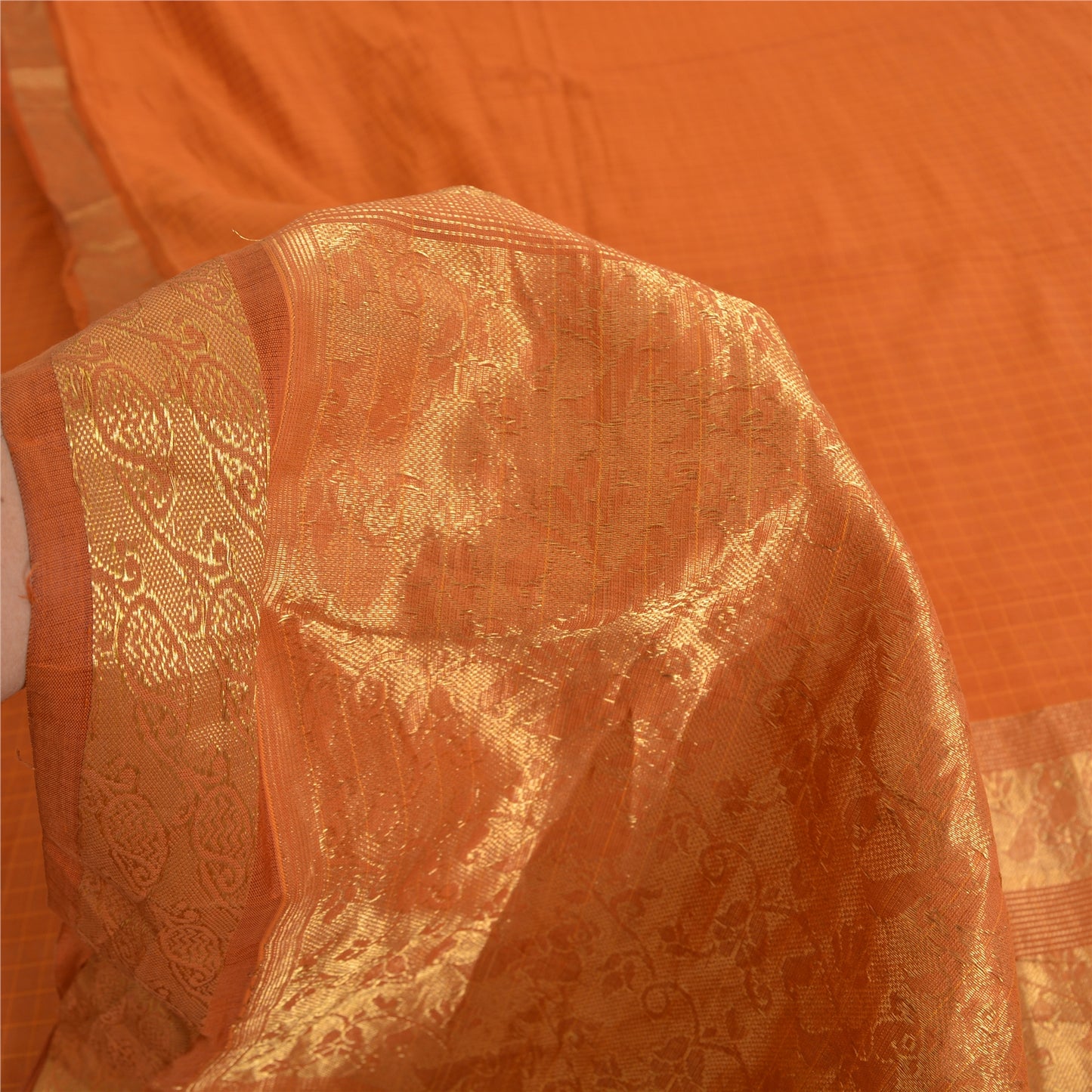 Sanskriti Vintage Sarees Rusty Orange Pure Silk Golden Woven Sari Craft Sustainable Fabric