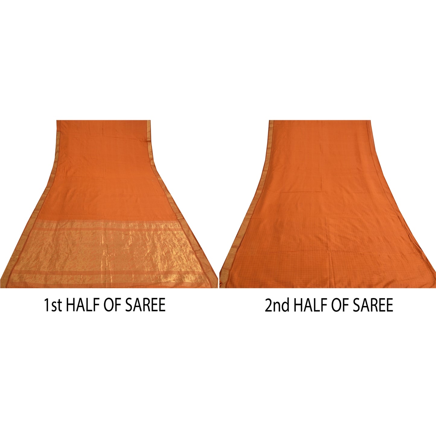 Sanskriti Vintage Sarees Rusty Orange Pure Silk Golden Woven Sari Craft Sustainable Fabric
