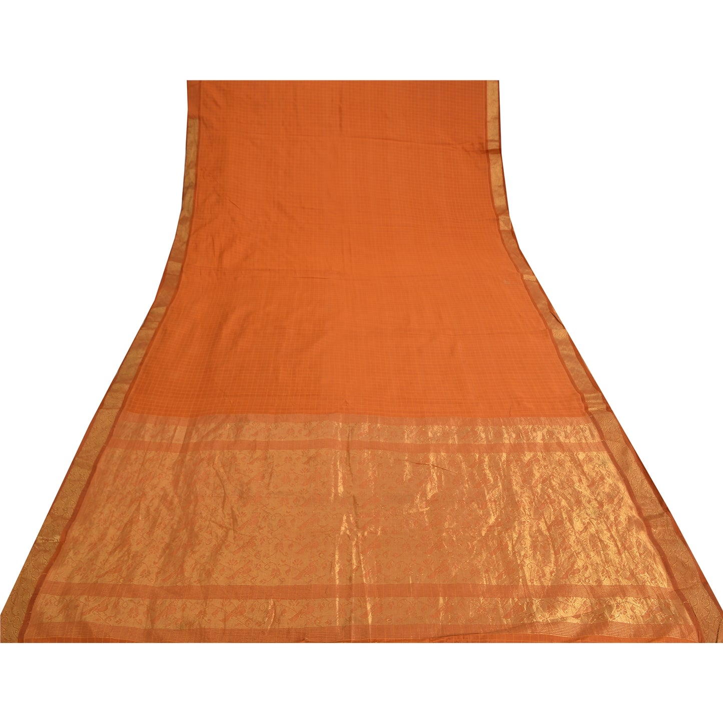Sanskriti Vintage Sarees Rusty Orange Pure Silk Golden Woven Sari Craft Sustainable Fabric
