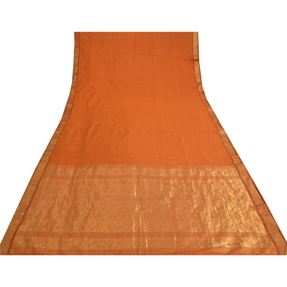 Sanskriti Vintage Sarees Rusty Orange Pure Silk Golden Woven Sari Craft Sustainable Fabric