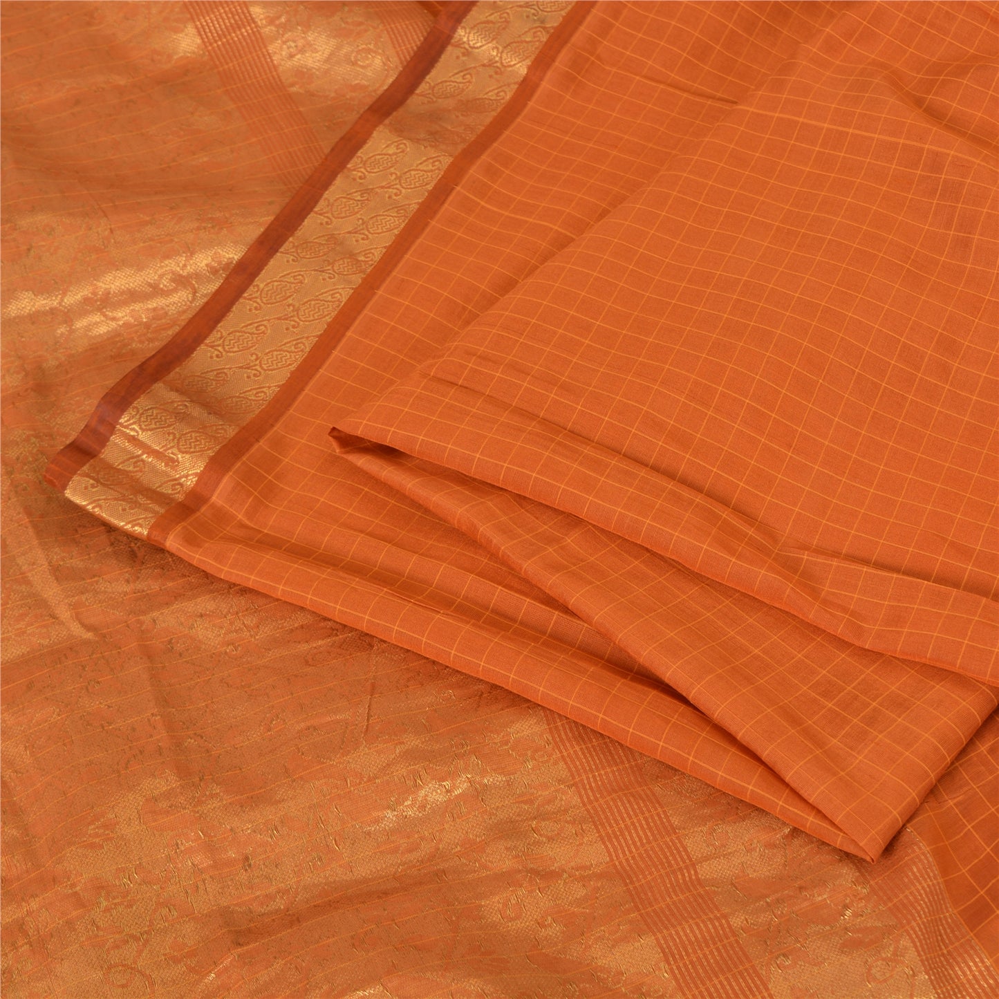 Sanskriti Vintage Sarees Rusty Orange Pure Silk Golden Woven Sari Craft Sustainable Fabric