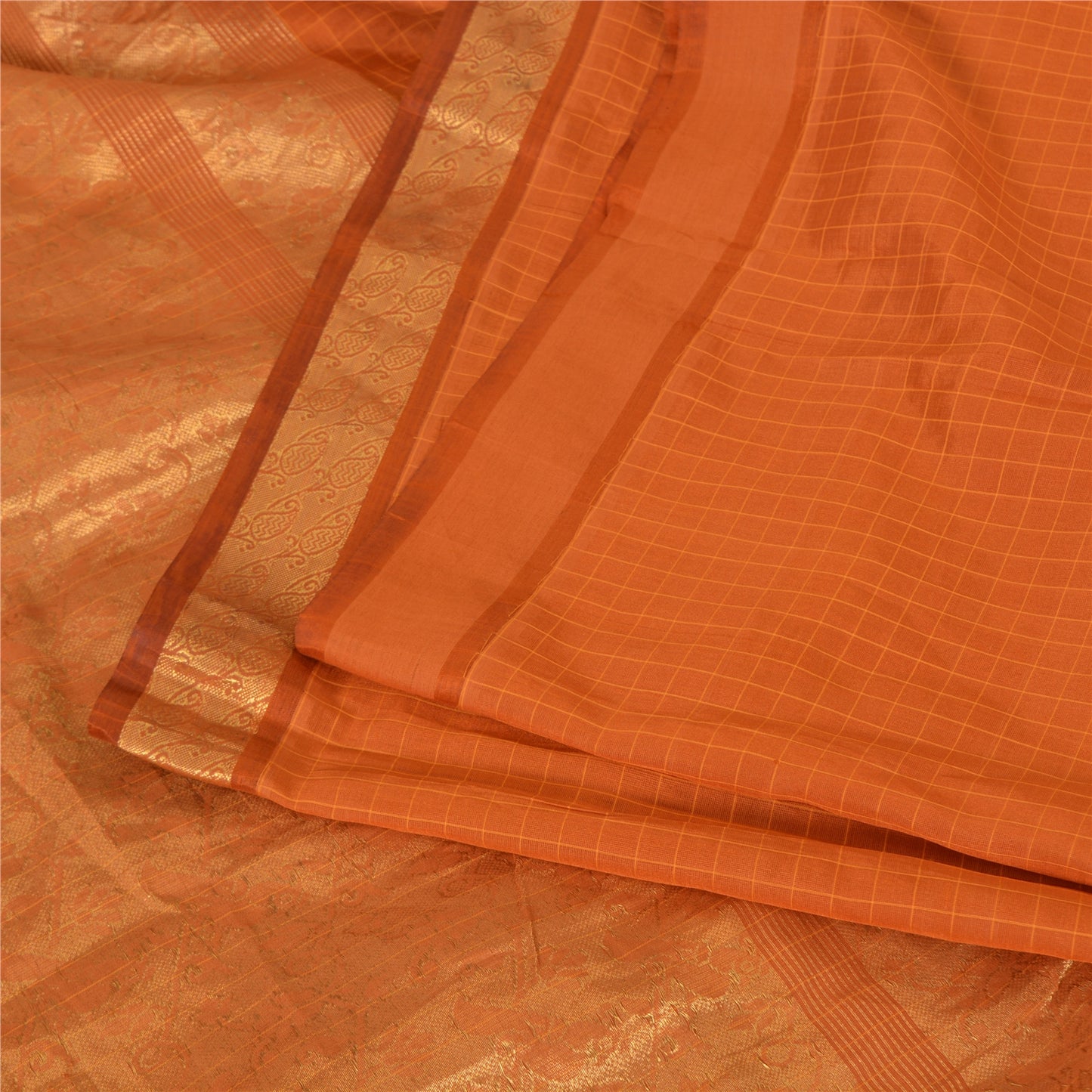 Sanskriti Vintage Sarees Rusty Orange Pure Silk Golden Woven Sari Craft Sustainable Fabric