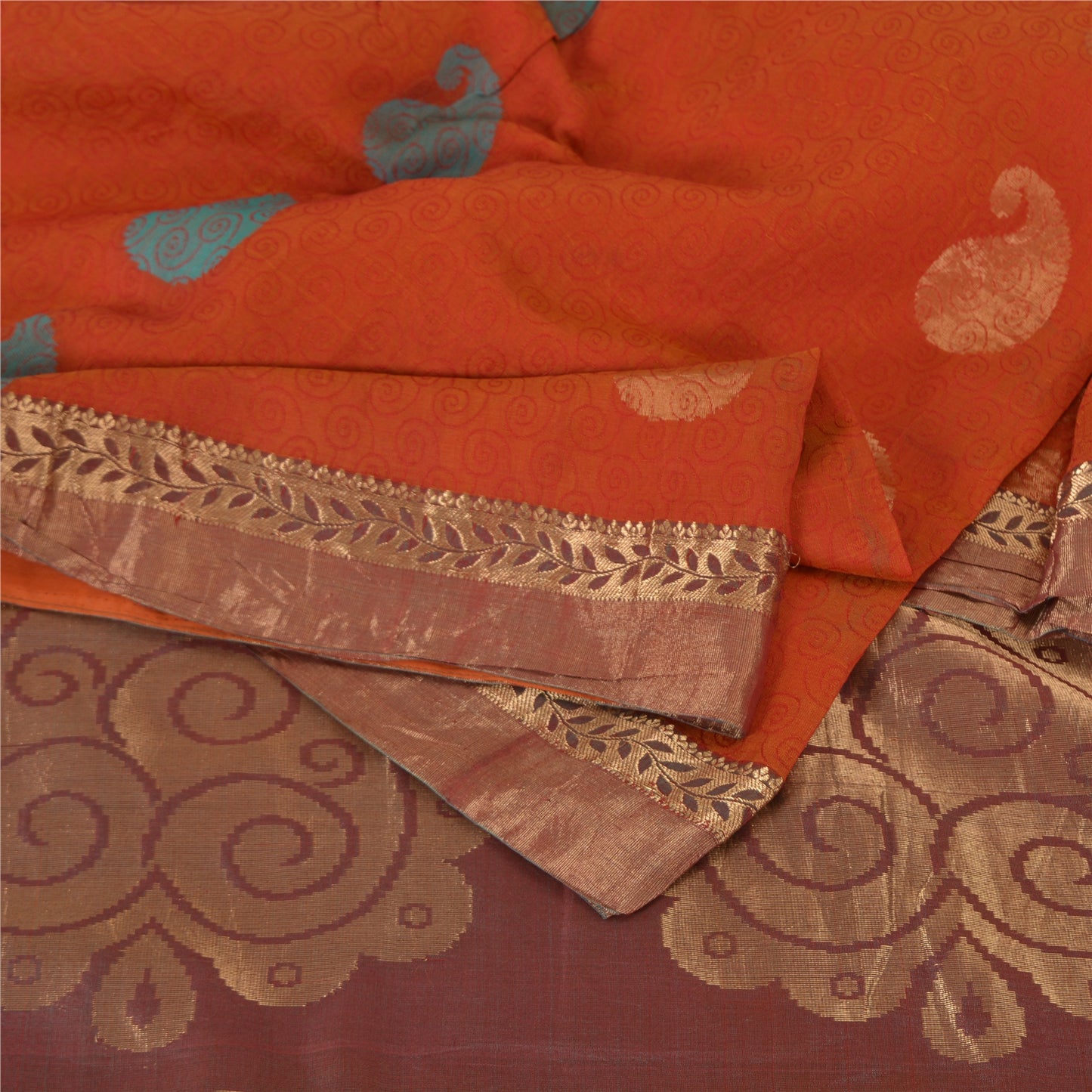 Sanskriti Vintage Sarees Orange 100% Pure Silk Zari Woven Sari 5yd Craft Sustainable Fabric