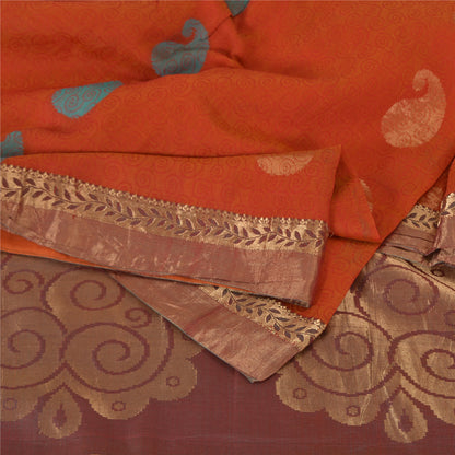 Sanskriti Vintage Sarees Orange 100% Pure Silk Zari Woven Sari 5yd Craft Sustainable Fabric