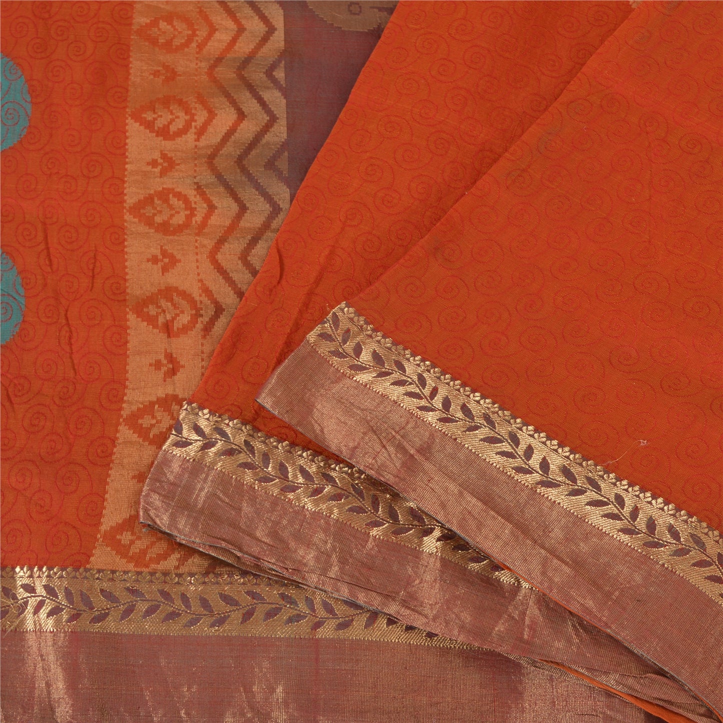 Sanskriti Vintage Sarees Orange 100% Pure Silk Zari Woven Sari 5yd Craft Sustainable Fabric