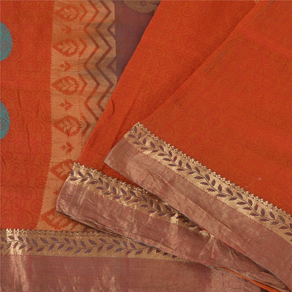 Sanskriti Vintage Sarees Orange 100% Pure Silk Zari Woven Sari 5yd Craft Sustainable Fabric