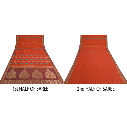 Sanskriti Vintage Sarees Orange 100% Pure Silk Zari Woven Sari 5yd Craft Sustainable Fabric