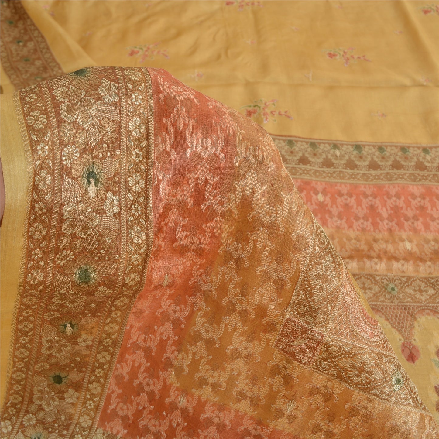 Sanskriti Vintage Sarees Saffron 100% Pure Silk Woven Sari 5yd Craft Sustainable Fabric