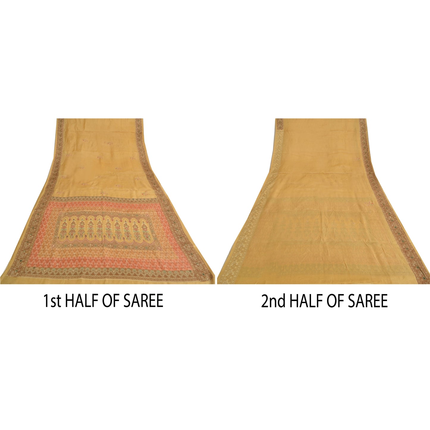 Sanskriti Vintage Sarees Saffron 100% Pure Silk Woven Sari 5yd Craft Sustainable Fabric