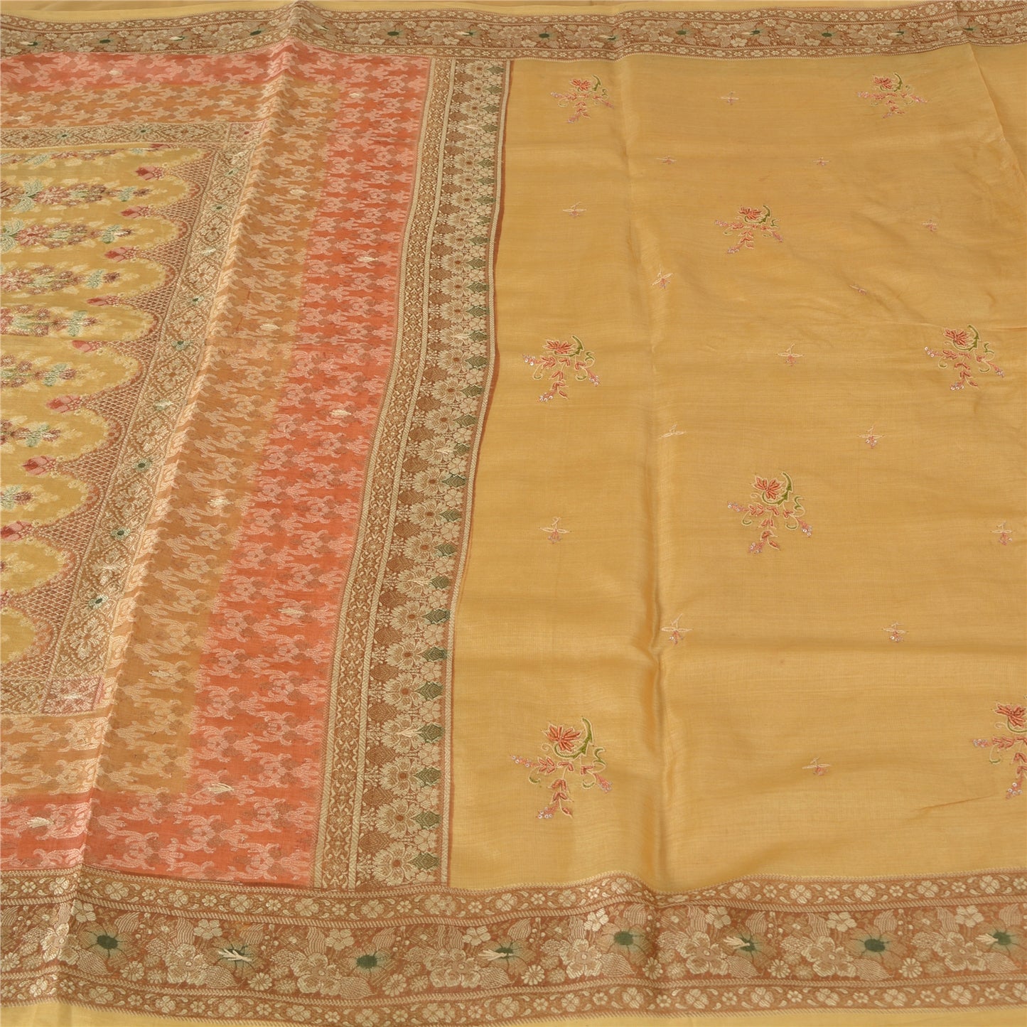 Sanskriti Vintage Sarees Saffron 100% Pure Silk Woven Sari 5yd Craft Sustainable Fabric