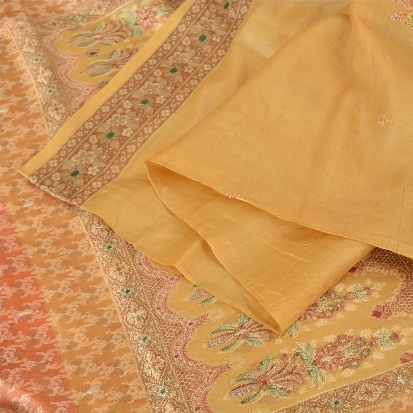 Sanskriti Vintage Sarees Saffron 100% Pure Silk Woven Sari 5yd Craft Sustainable Fabric