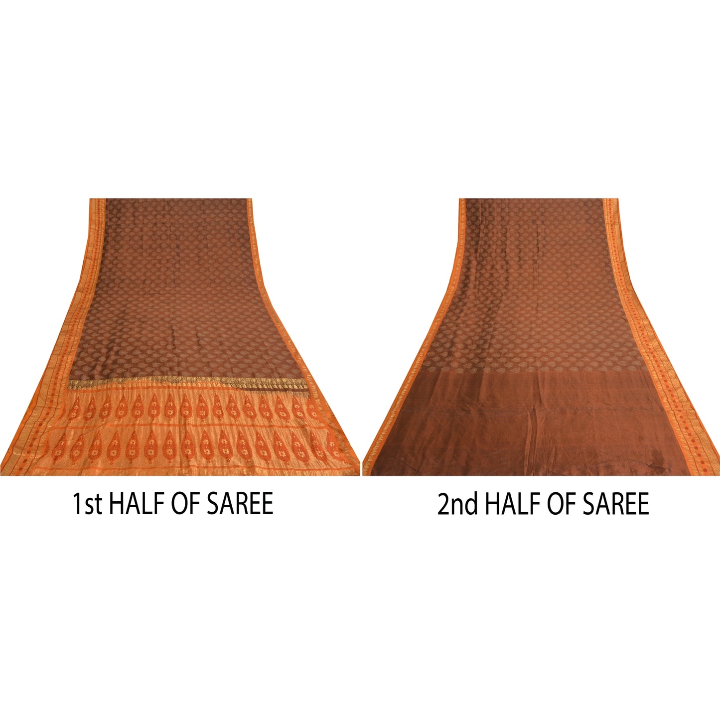 Sanskriti Vintage Sarees Brown/Orange Pure Silk Hand Woven Sari 5yd Craft Sustainable Fabric