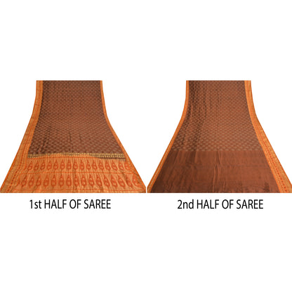 Sanskriti Vintage Sarees Brown/Orange Pure Silk Hand Woven Sari 5yd Craft Sustainable Fabric