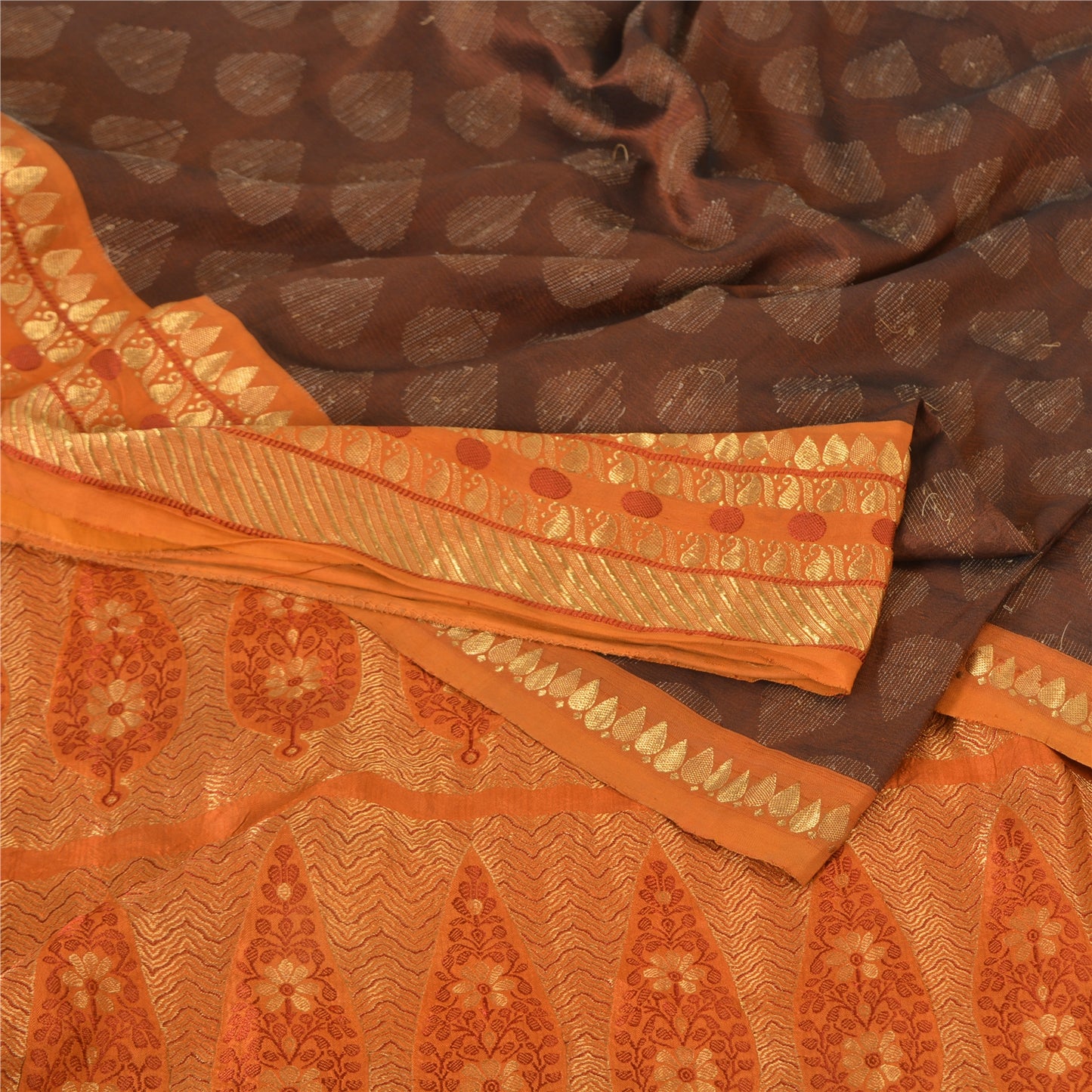Sanskriti Vintage Sarees Brown/Orange Pure Silk Hand Woven Sari 5yd Craft Sustainable Fabric