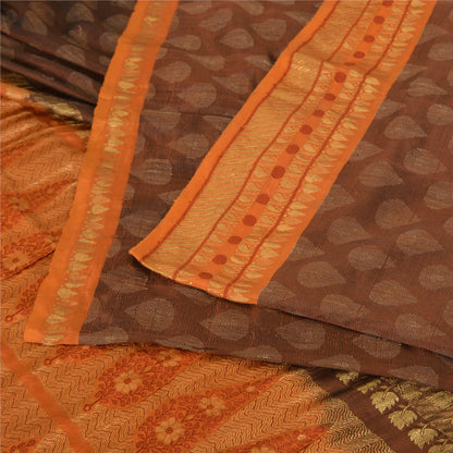 Sanskriti Vintage Sarees Brown/Orange Pure Silk Hand Woven Sari 5yd Craft Sustainable Fabric