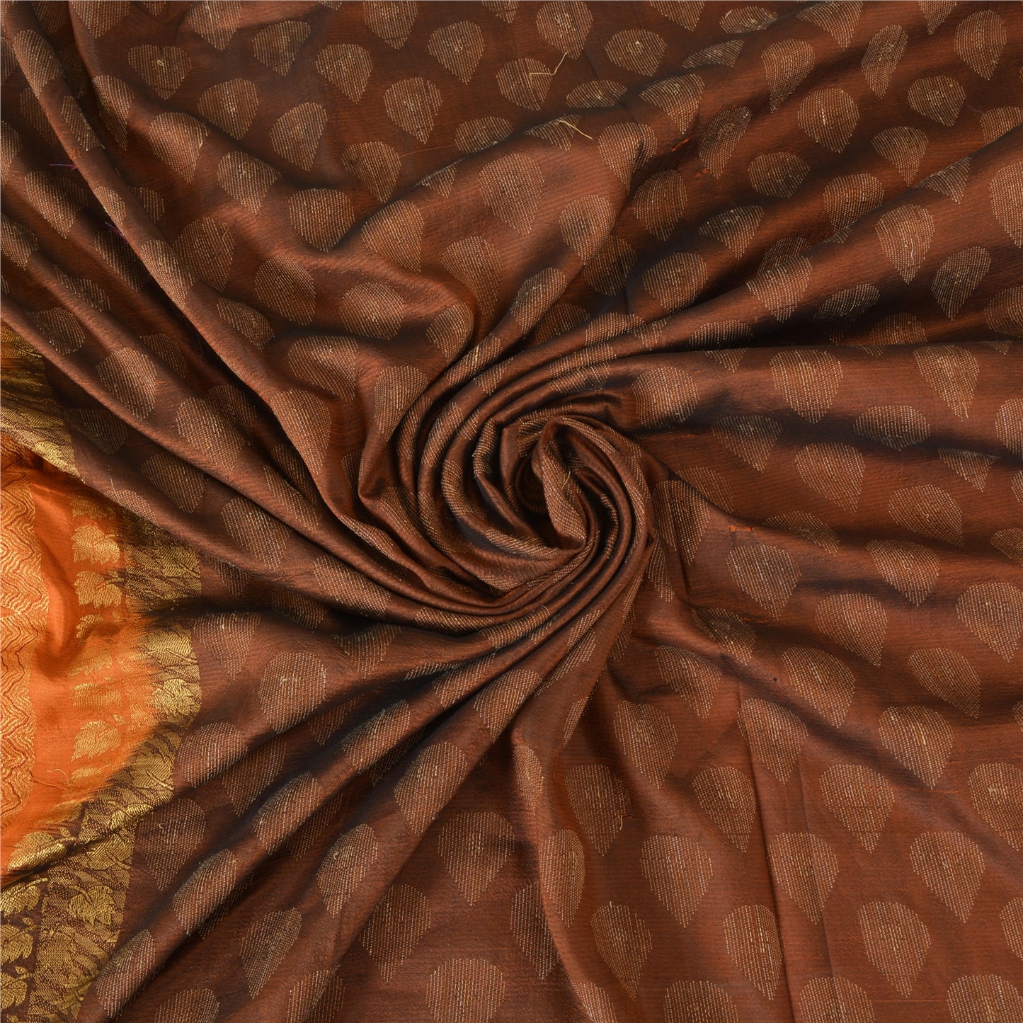 Sanskriti Vintage Sarees Brown/Orange Pure Silk Hand Woven Sari 5yd Craft Sustainable Fabric