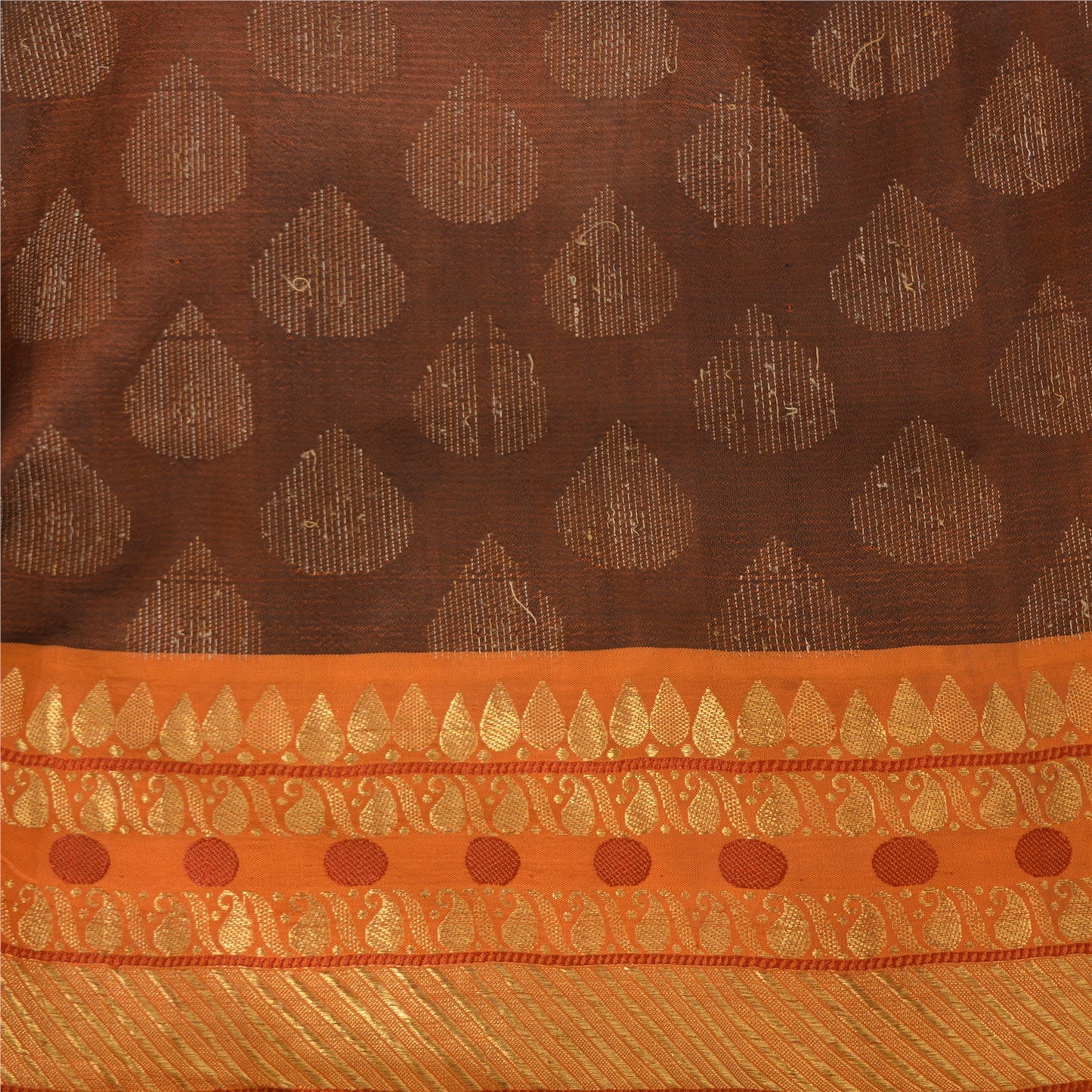 Sanskriti Vintage Sarees Brown/Orange Pure Silk Hand Woven Sari 5yd Craft Sustainable Fabric