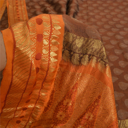 Sanskriti Vintage Sarees Brown/Orange Pure Silk Hand Woven Sari 5yd Craft Sustainable Fabric