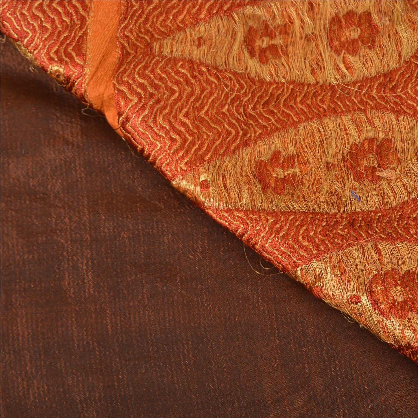 Sanskriti Vintage Sarees Brown/Orange Pure Silk Hand Woven Sari 5yd Craft Sustainable Fabric