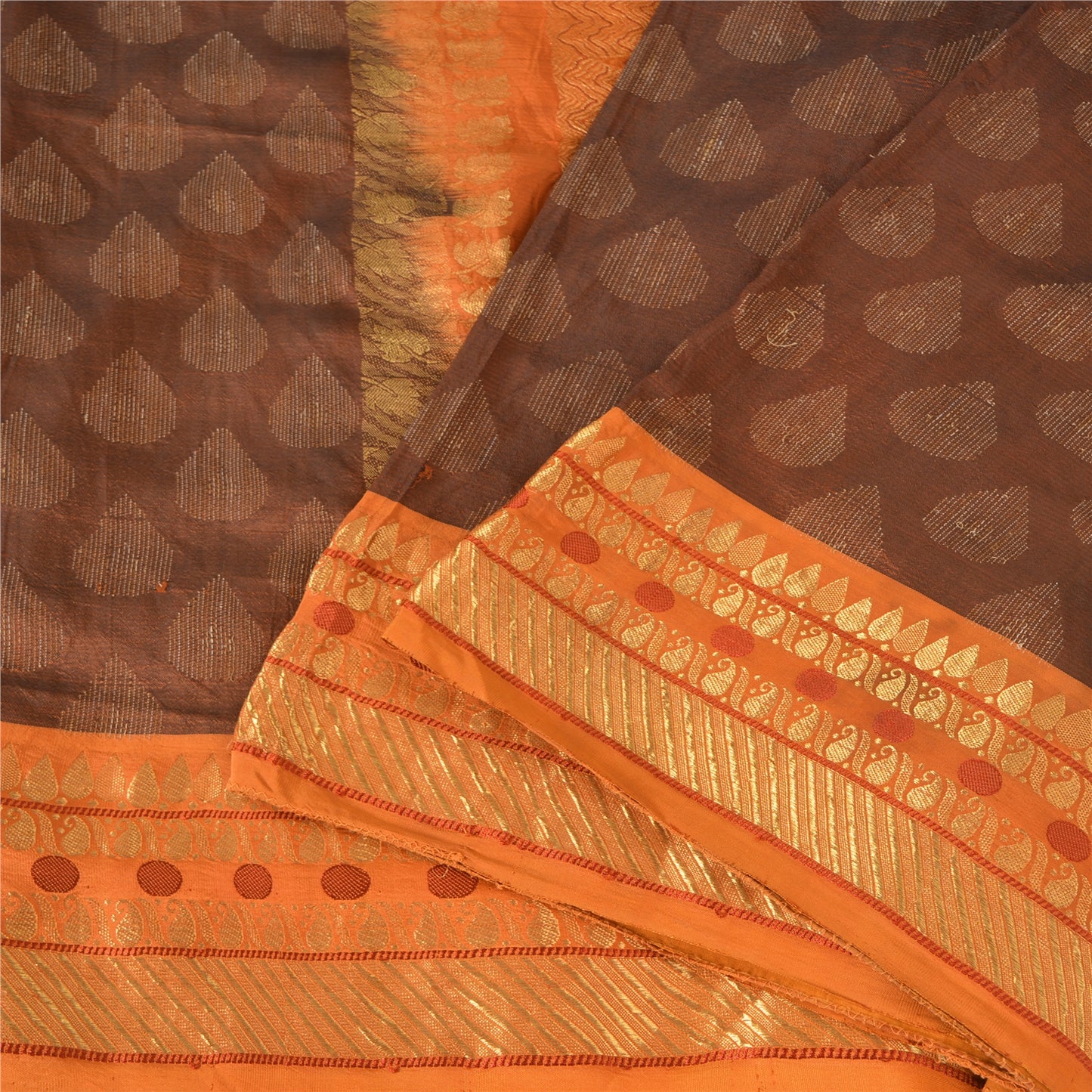 Sanskriti Vintage Sarees Brown/Orange Pure Silk Hand Woven Sari 5yd Craft Sustainable Fabric