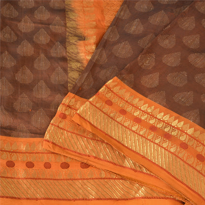 Sanskriti Vintage Sarees Brown/Orange Pure Silk Hand Woven Sari 5yd Craft Sustainable Fabric