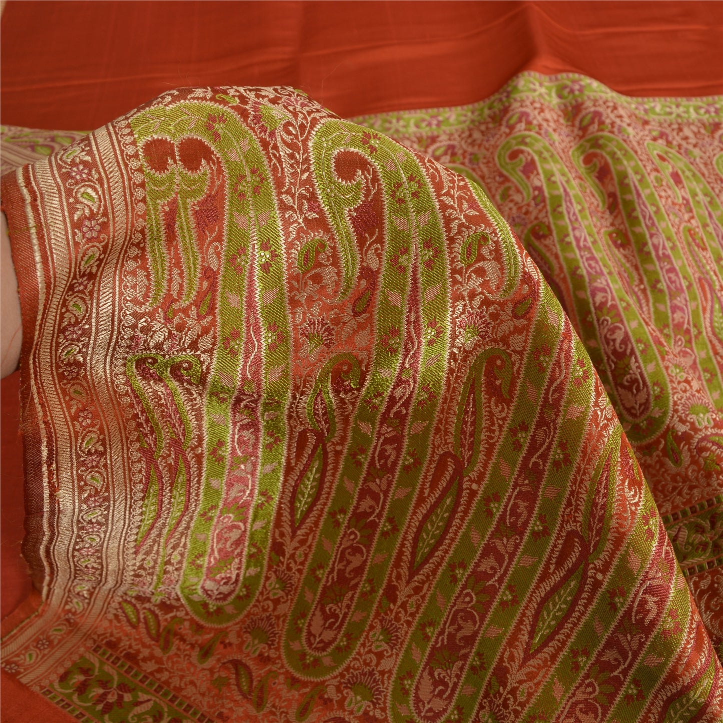 Sanskriti Vintage Sarees Indian Orange Pure Silk Woven Sari Floral Craft Sustainable Fabric