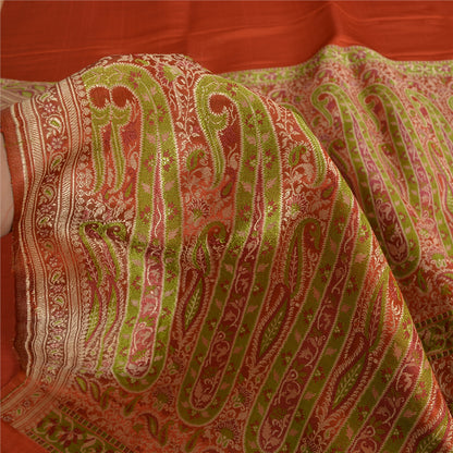 Sanskriti Vintage Sarees Indian Orange Pure Silk Woven Sari Floral Craft Sustainable Fabric