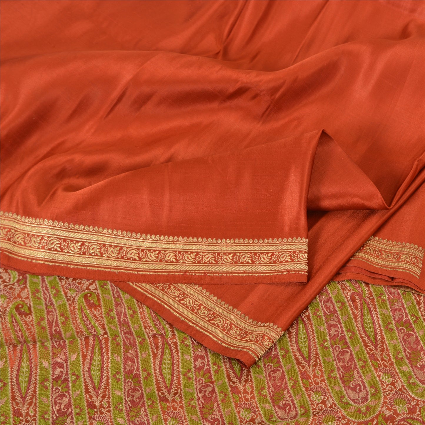 Sanskriti Vintage Sarees Indian Orange Pure Silk Woven Sari Floral Craft Sustainable Fabric