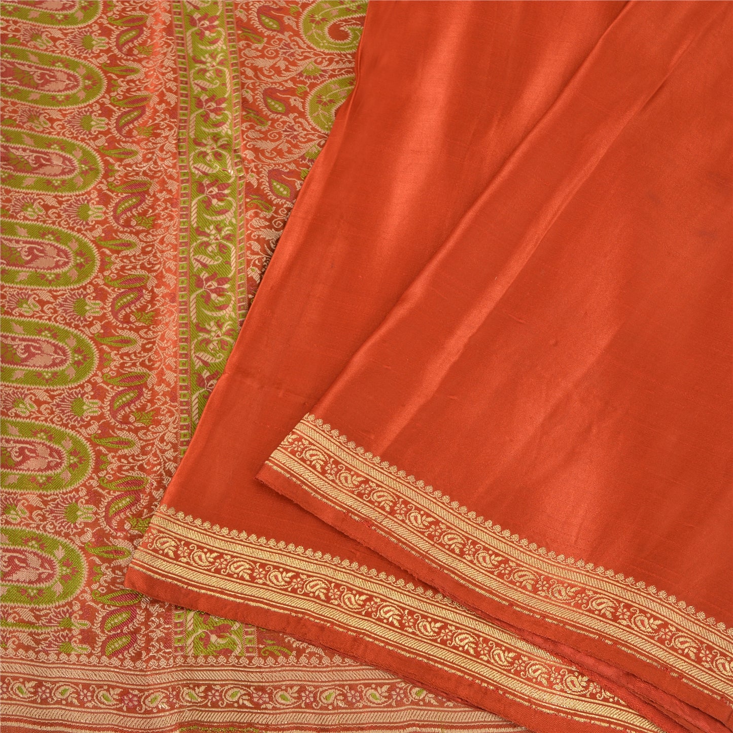 Sanskriti Vintage Sarees Indian Orange Pure Silk Woven Sari Floral Craft Sustainable Fabric