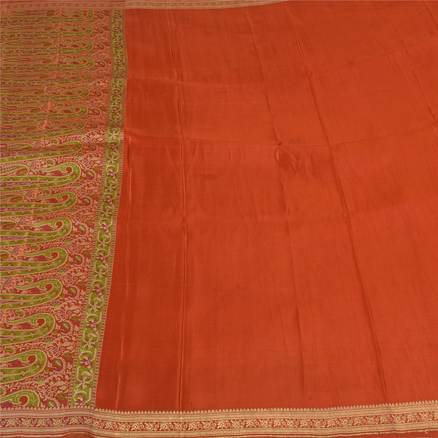 Sanskriti Vintage Sarees Indian Orange Pure Silk Woven Sari Floral Craft Sustainable Fabric