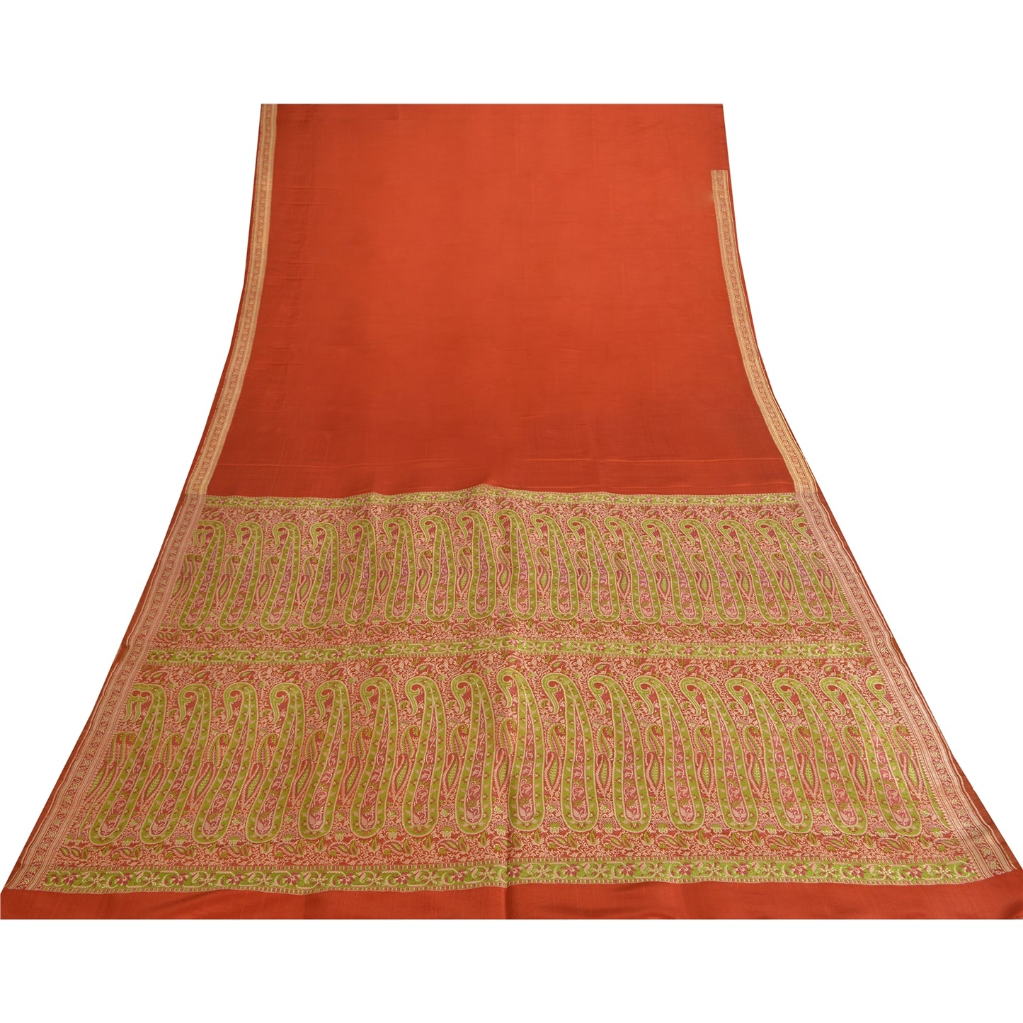 Sanskriti Vintage Sarees Indian Orange Pure Silk Woven Sari Floral Craft Sustainable Fabric
