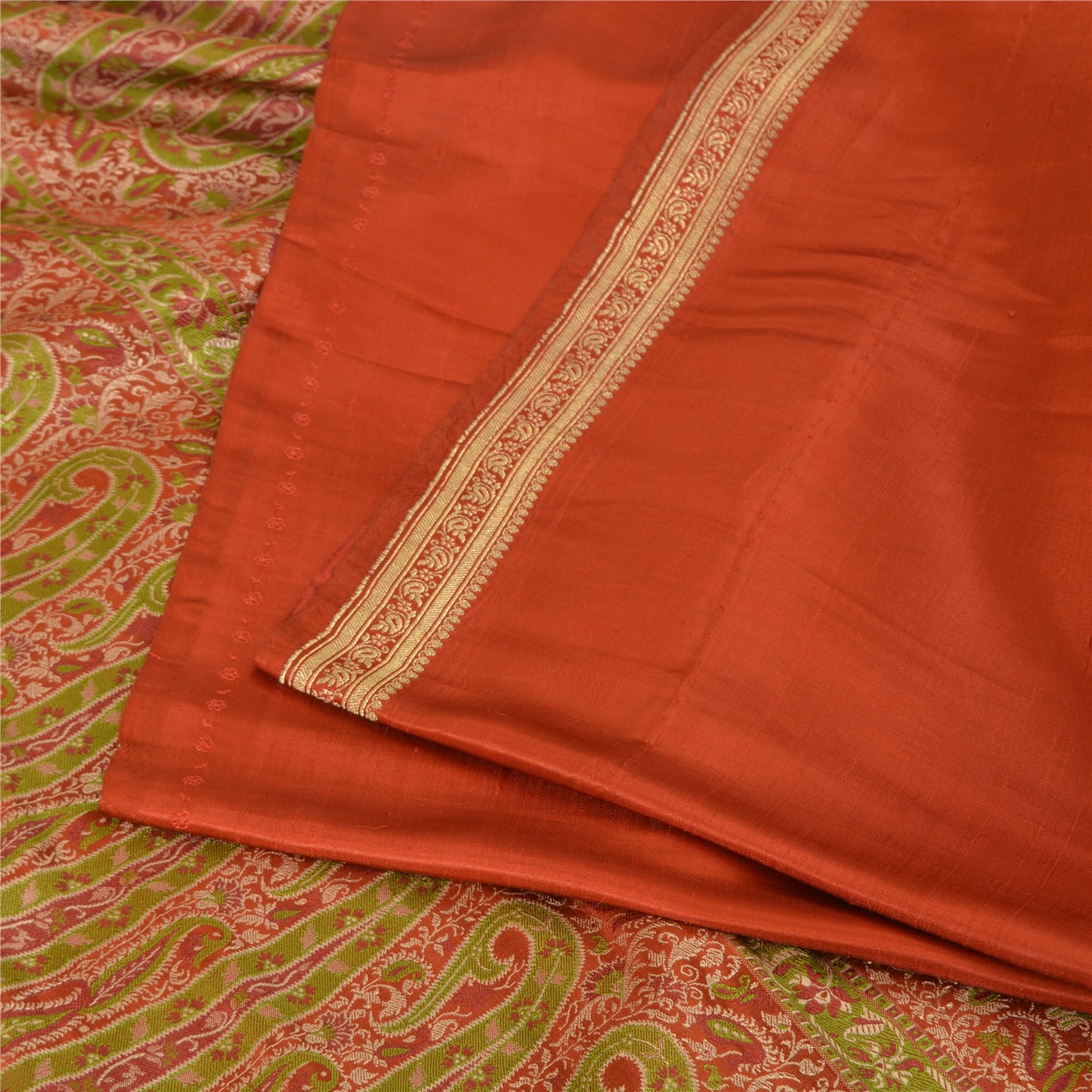 Sanskriti Vintage Sarees Indian Orange Pure Silk Woven Sari Floral Craft Sustainable Fabric