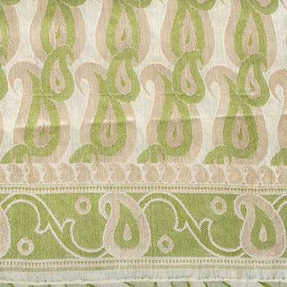 Sanskriti Vintage Saree White-Green Pure Silk Paisley Woven Craft Fabric 5YDSari