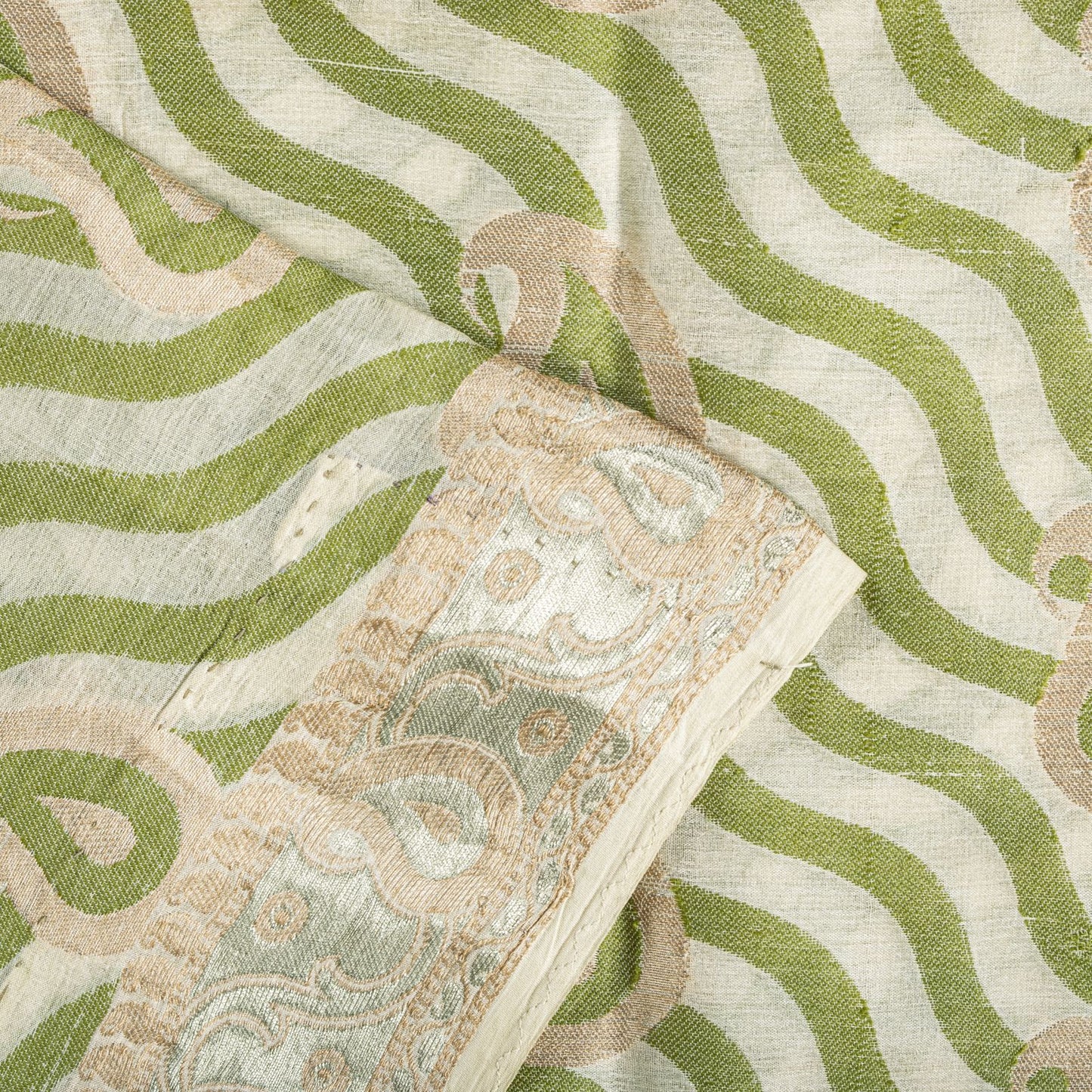 Sanskriti Vintage Saree White-Green Pure Silk Paisley Woven Craft Fabric 5YDSari