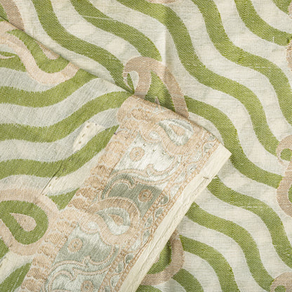 Sanskriti Vintage Saree White-Green Pure Silk Paisley Woven Craft Fabric 5YDSari