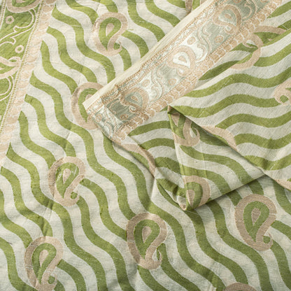 Sanskriti Vintage Saree White-Green Pure Silk Paisley Woven Craft Fabric 5YDSari