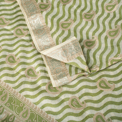 Sanskriti Vintage Saree White-Green Pure Silk Paisley Woven Craft Fabric 5YDSari