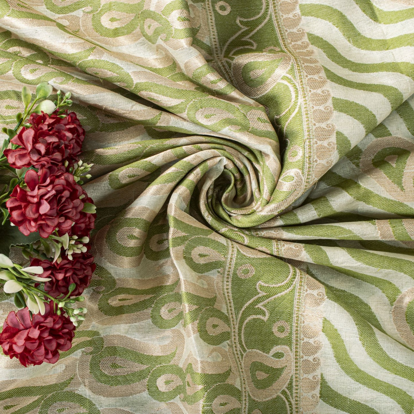 Sanskriti Vintage Saree White-Green Pure Silk Paisley Woven Craft Fabric 5YDSari