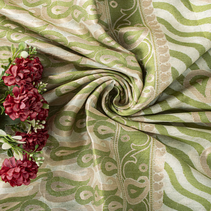 Sanskriti Vintage Saree White-Green Pure Silk Paisley Woven Craft Fabric 5YDSari