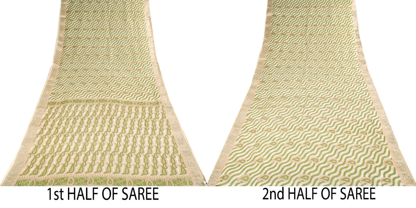 Sanskriti Vintage Saree White-Green Pure Silk Paisley Woven Craft Fabric 5YDSari