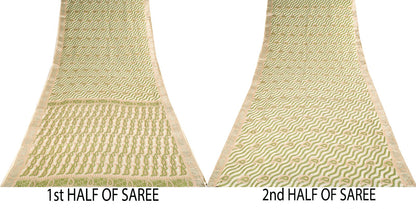 Sanskriti Vintage Saree White-Green Pure Silk Paisley Woven Craft Fabric 5YDSari