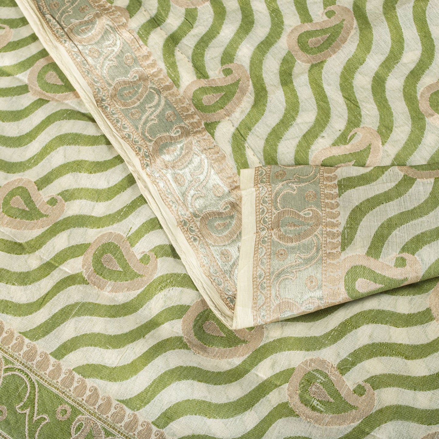 Sanskriti Vintage Saree White-Green Pure Silk Paisley Woven Craft Fabric 5YDSari