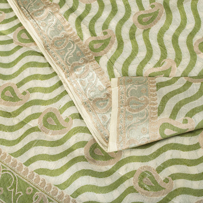 Sanskriti Vintage Saree White-Green Pure Silk Paisley Woven Craft Fabric 5YDSari
