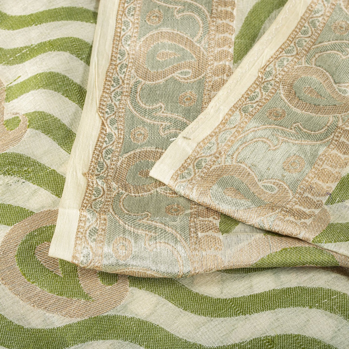 Sanskriti Vintage Saree White-Green Pure Silk Paisley Woven Craft Fabric 5YDSari