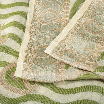 Sanskriti Vintage Saree White-Green Pure Silk Paisley Woven Craft Fabric 5YDSari