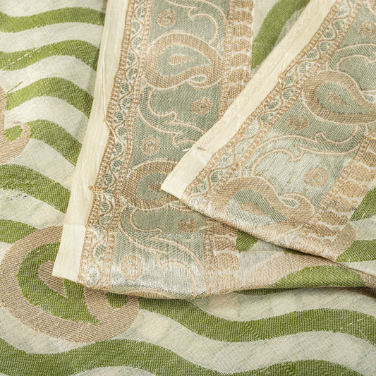 Sanskriti Vintage Saree White-Green Pure Silk Paisley Woven Craft Fabric 5YDSari