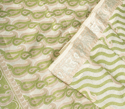 Sanskriti Vintage Saree White-Green Pure Silk Paisley Woven Craft Fabric 5YDSari