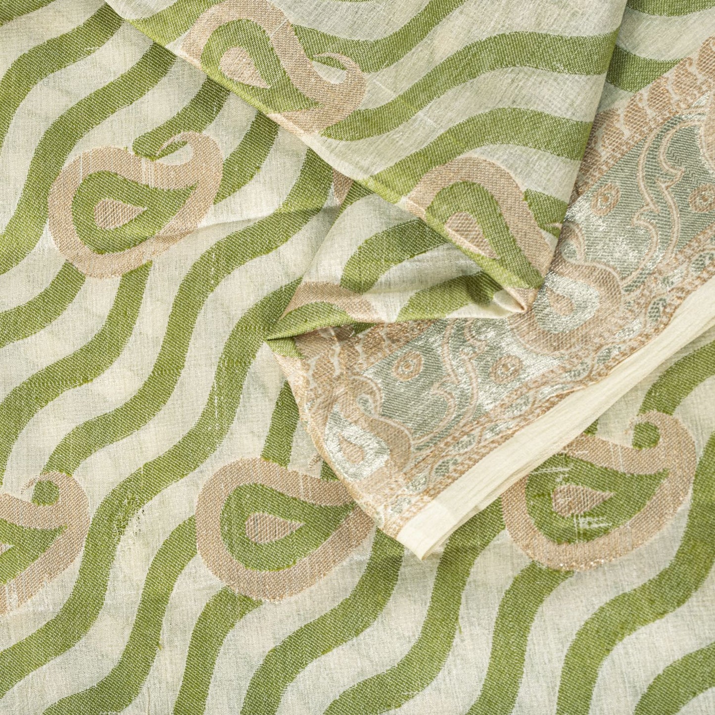Sanskriti Vintage Saree White-Green Pure Silk Paisley Woven Craft Fabric 5YDSari