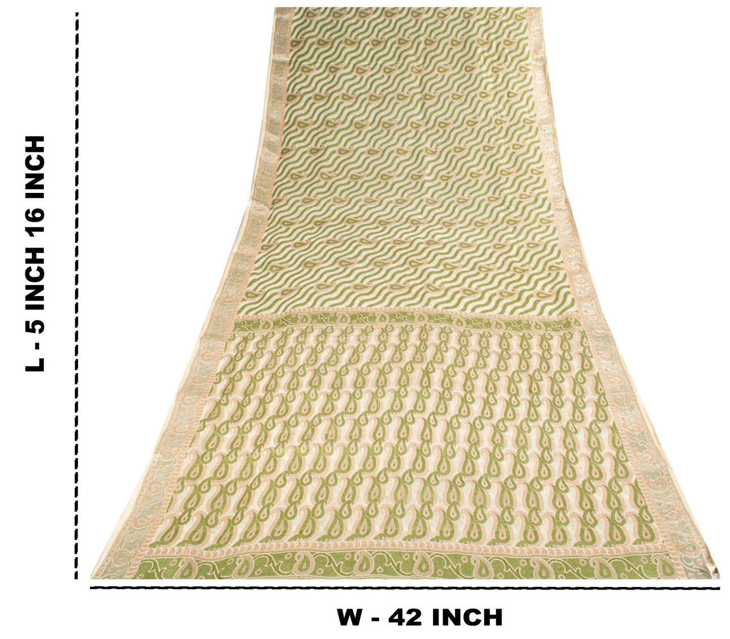 Sanskriti Vintage Saree White-Green Pure Silk Paisley Woven Craft Fabric 5YDSari